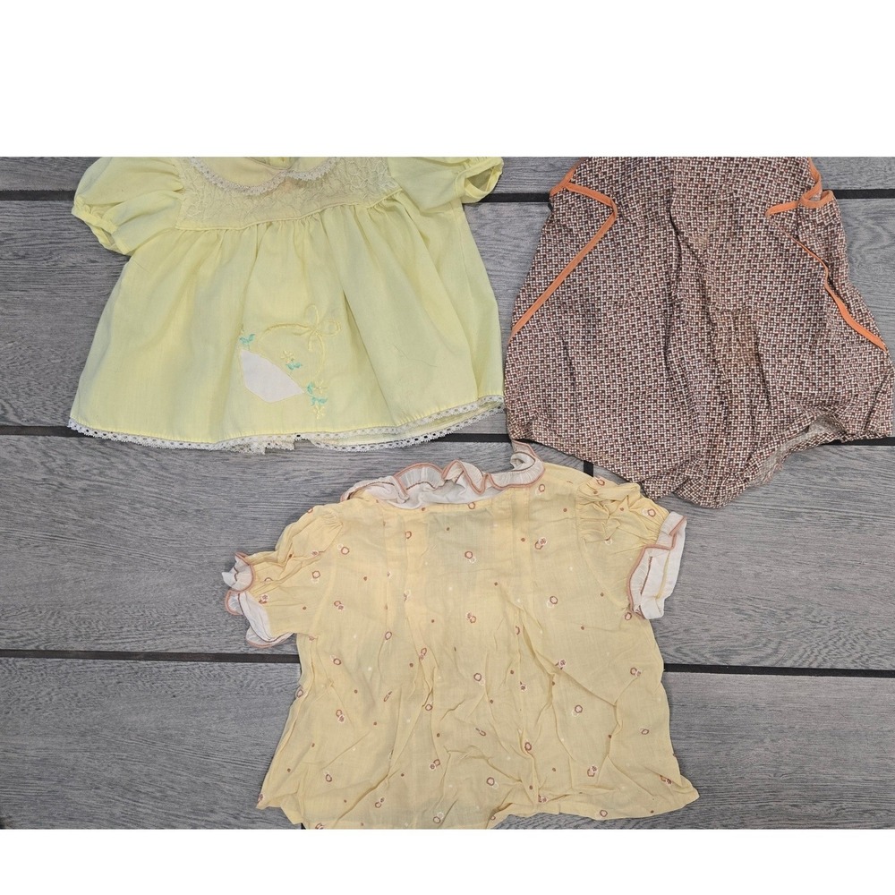 Vintage Baby Lot Yellow Smocked Dress Brown Sunsuit Floral Blouse Retro 3pc Set